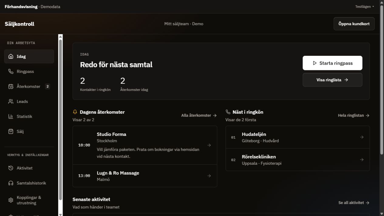 Demovyn Idag med huvudmeny till vänster, Starta ringpass och dagens återkomster.